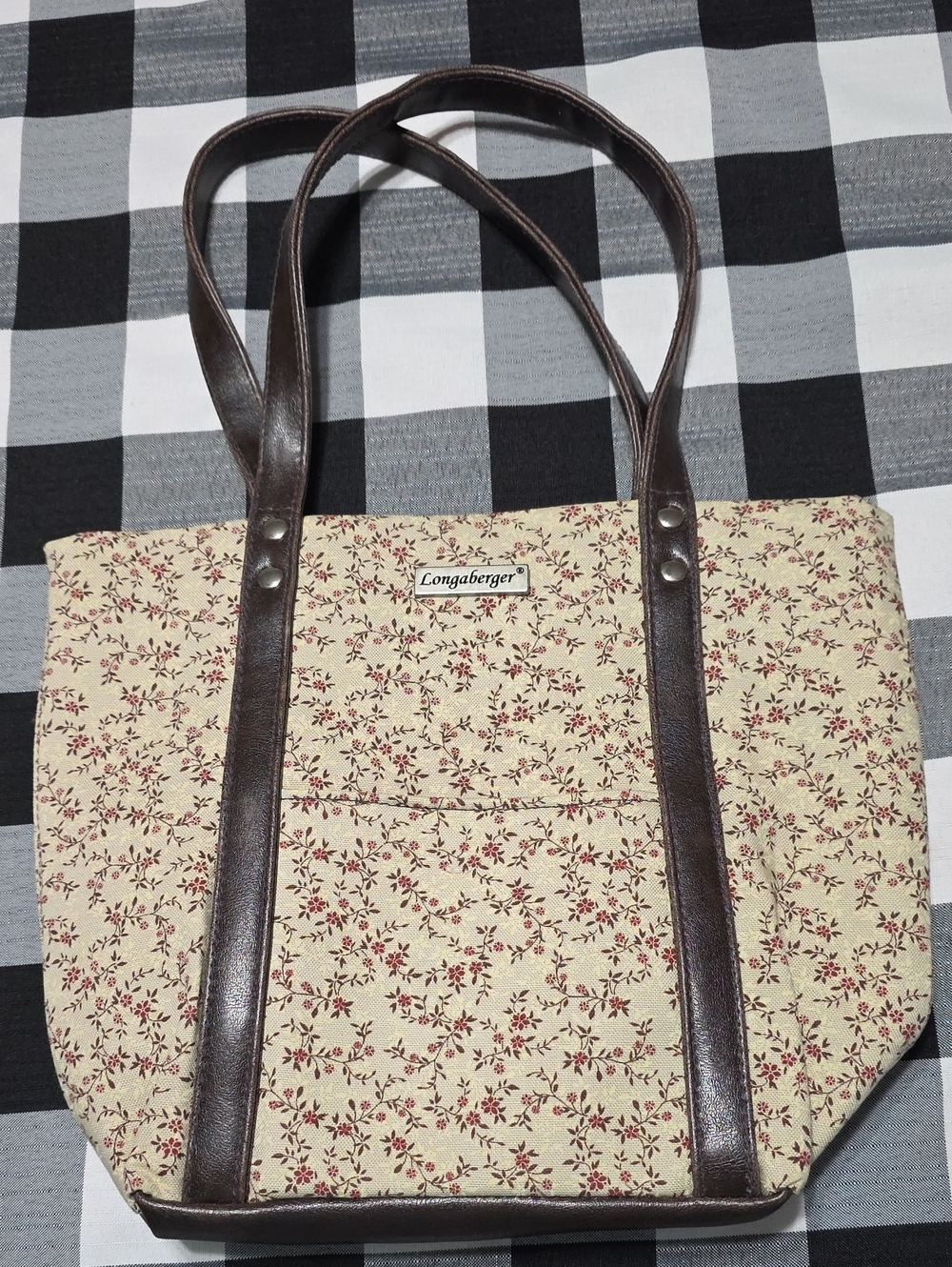 Longaberger Beige Floral Tote with Brown Trim